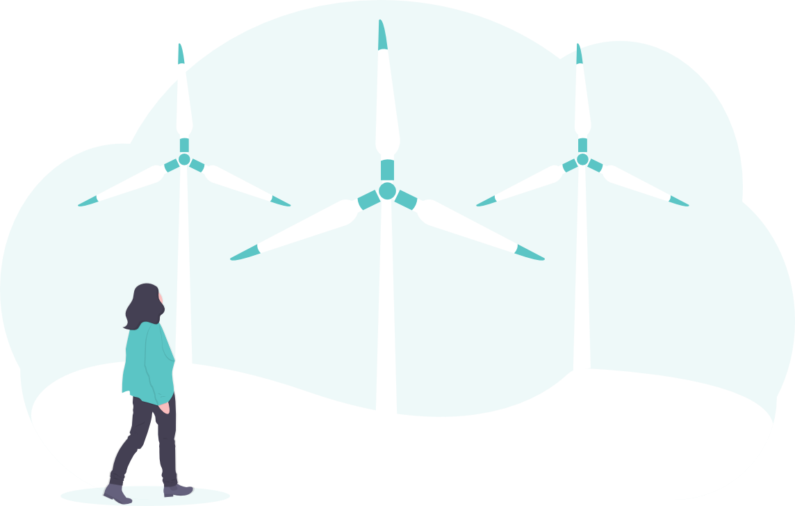 Ein Bild von einer Dame und drei Windkraftwerken